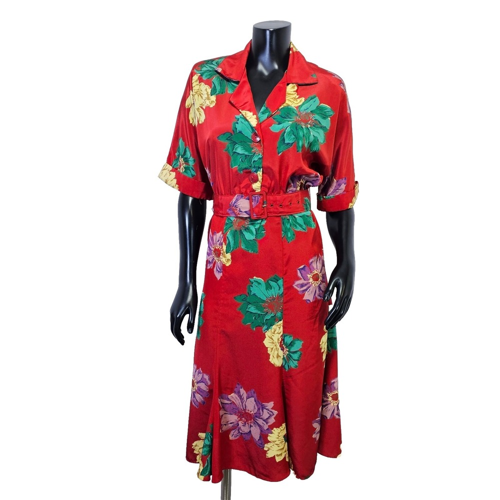 Vintage Dawn Joy Fashions Red Floral Midi‎ Dress Belted Short Sleeve 80s 90s